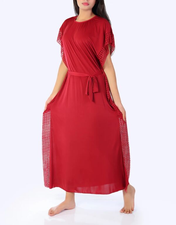 2 PIECE ROUND NECK SIDE LACE LONG NIGHTY -MAROON