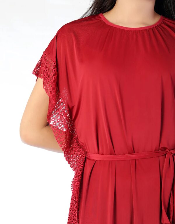 2 PIECE ROUND NECK SIDE LACE LONG NIGHTY -MAROON - Image 3